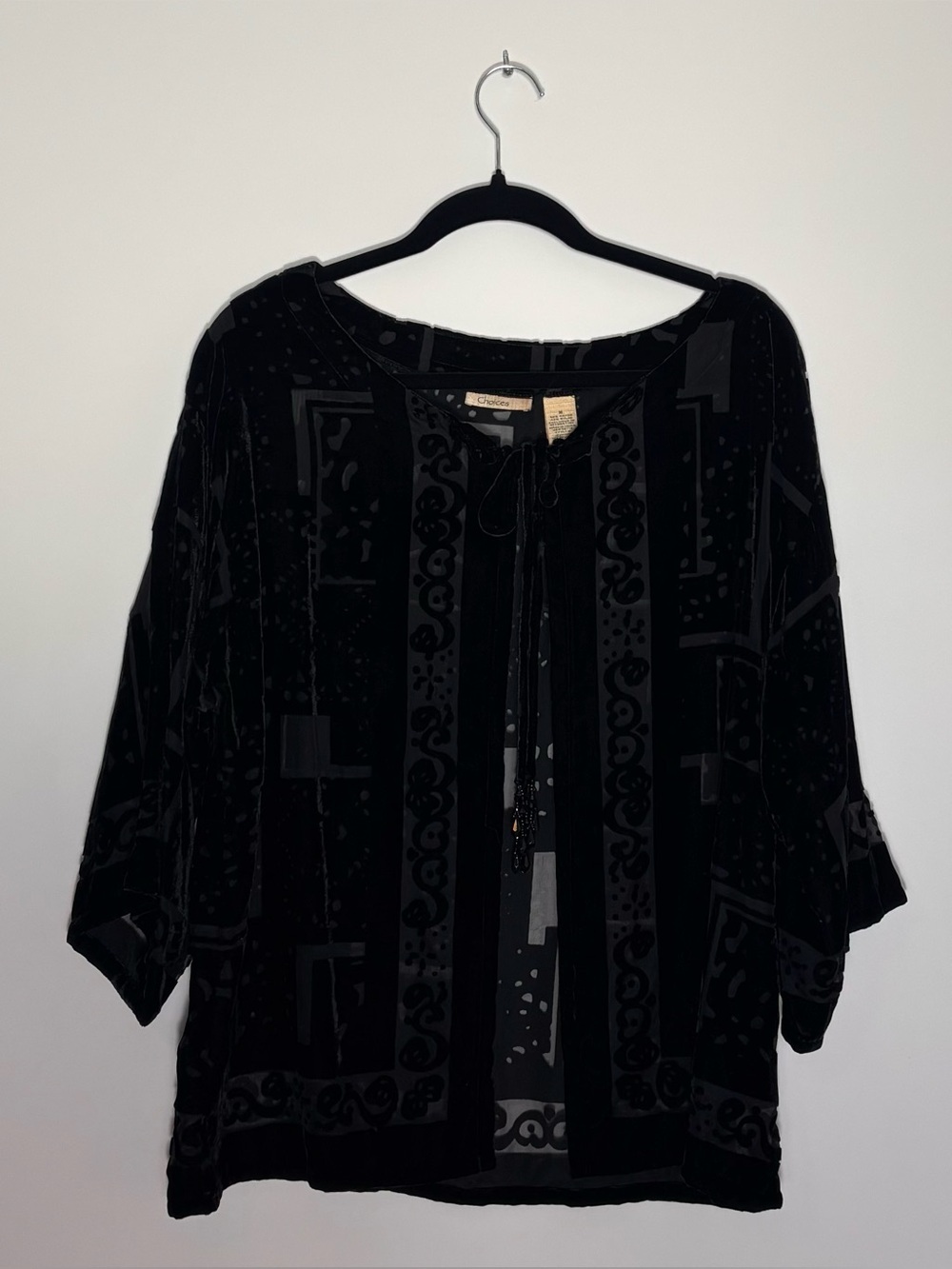 Choices Black Velvet Burnout Open Front Kimono Jacket Beaded Tassels Size Medium